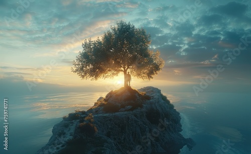 a person is on an island top with a tree