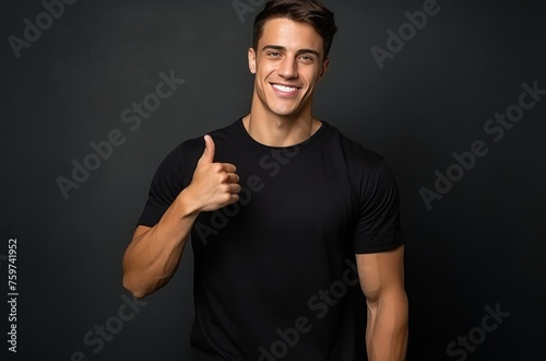 young man showing thumbs up in dark t shirt