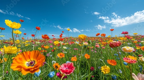 A minimalist view of a vibrant flower field, where colorful blooms stretch to...