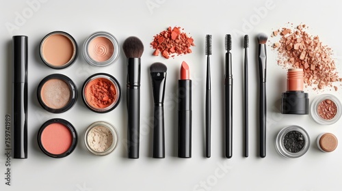 A minimalist composition of unbranded makeup essentials like foundation, masc...