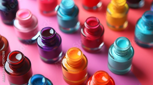 A striking image featuring unbranded nail polish bottles in vibrant colors