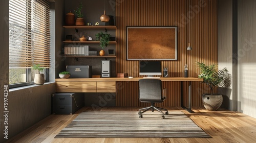 A minimalist home office with a simple desk, ergonomic chair