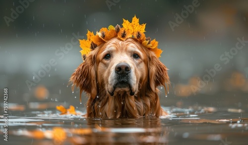 a golden retriever wearing a fall leaf crown in water