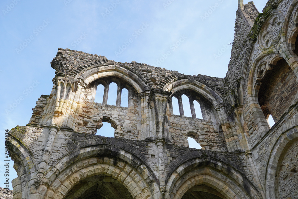 Obraz premium Historic stone ruins of church abbey in England. Medieval architecture remains of religious building 