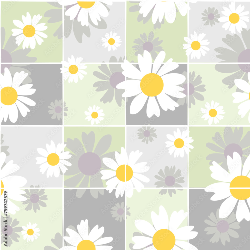 Obraz premium Floral chamomile seamless pattern. Botanical fabric print template. Vector illustration with white camomile flowers.