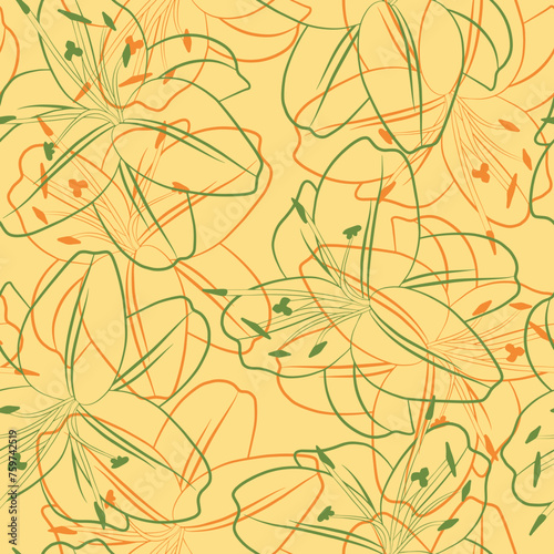 Floral seamless pattern with lilly. Botanical brown fabric print template. Vector illustration with lily flowers outline linear sketch.