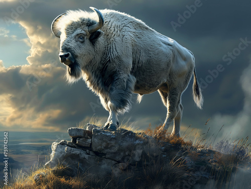 White American Bison Standing on Rocks, Rare White Buffalo