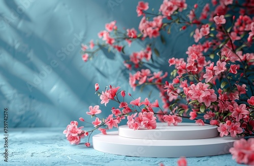 white blank pedestal and pink flowers on blue background