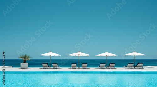 A minimalist shot of a poolside area with bright blue water, lounge chairs, a...