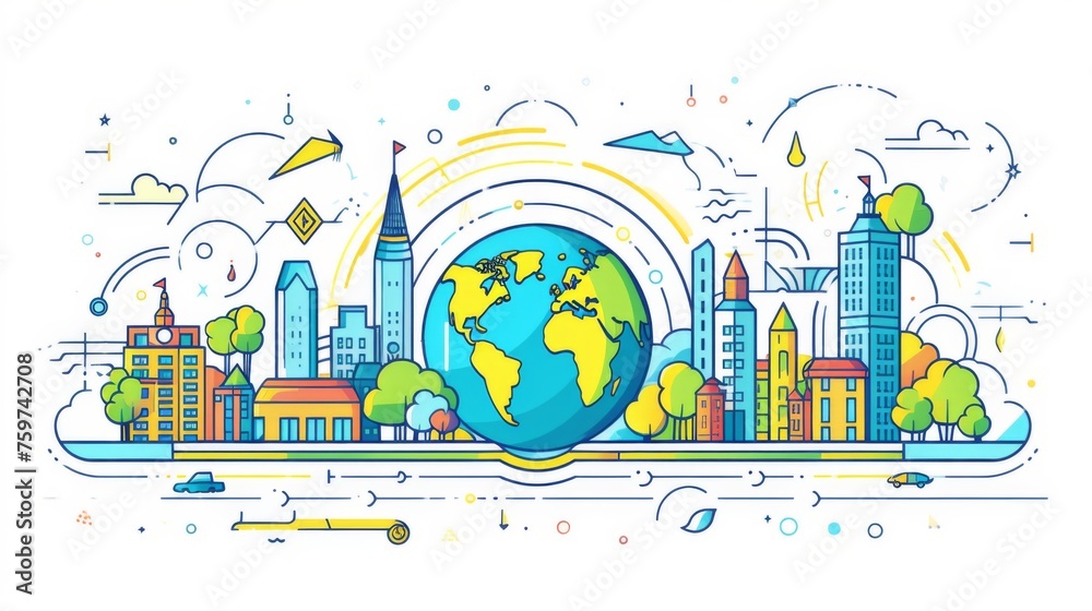 A bright and dynamic illustration depicting a diverse cityscape intertwined with global cultural landmarks and abstract designs