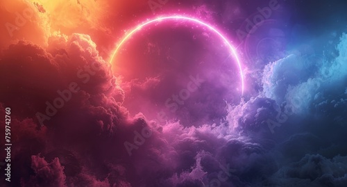 Colored circles and rays of light in the clouds form a rainbow circle.