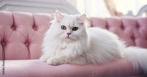 a white cat is sitting on the couch