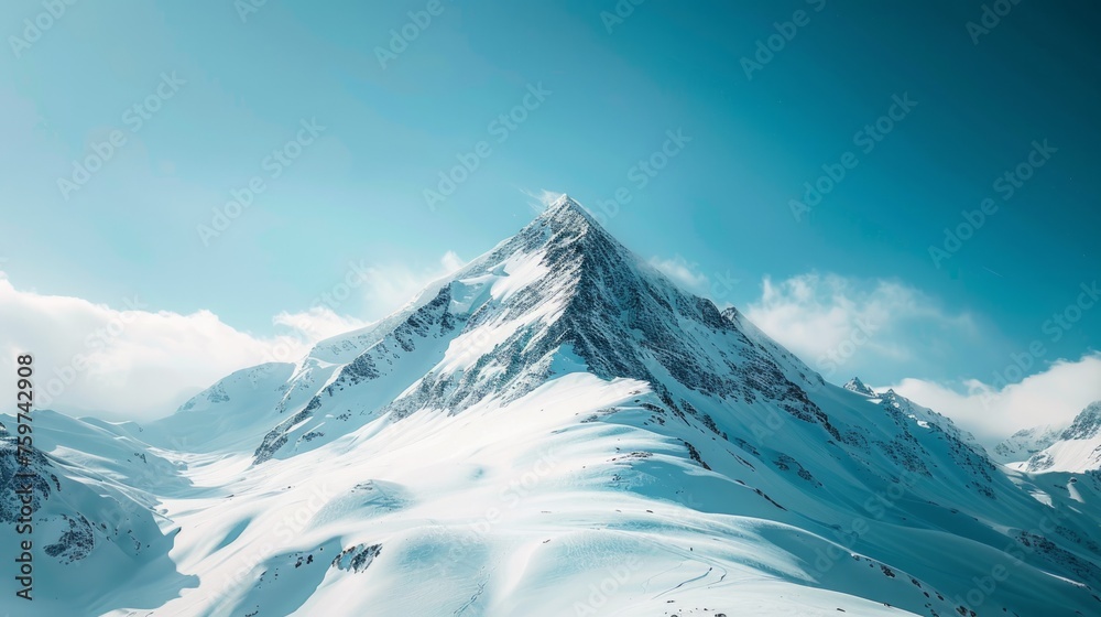 mountain peak, with snow-capped slopes and a clear blue sky, emphasizing the grandeur mountain peak, with snow-capped slopes and a clear blue sky, emphasizing the grandeur