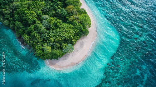 A minimalist aerial photograph of a tropical island, with white sandy beaches...