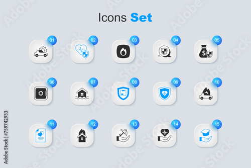Set Life insurance in hand, House flood, with shield, Marriage contract, Education grant, Burning car, Car and Delivery security icon. Vector