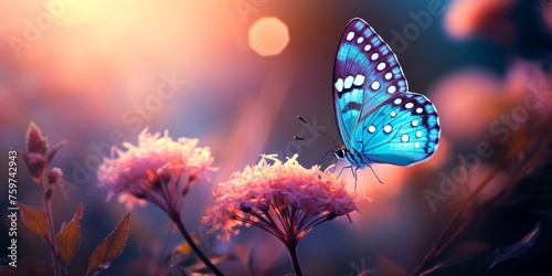 butterfly in flower with background of bokeh light in evening sunset