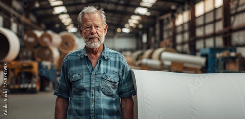 an older man standing inside a warehouse with a roll of paper behind him