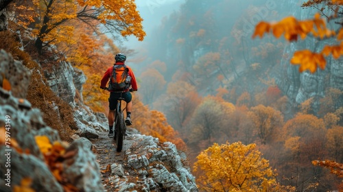 A mountain biker navigating a rocky trail, surrounded by vibrant autumn leaves