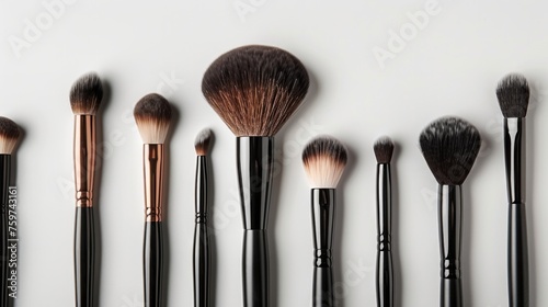 featuring a set of makeup brushes arranged neatly on a white background