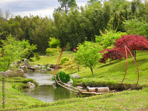 Japanese garden with a pond and red leaves maples located in the 