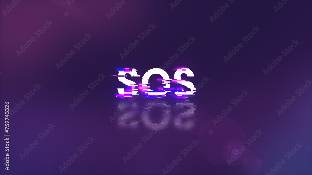 3D rendering SOS text with screen effects of technological glitches