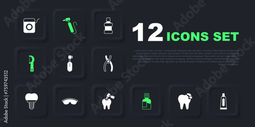 Set Broken tooth, Tube of toothpaste, Electric toothbrush, Mouthwash, Dental floss, Safety goggle glasses, Tooth drill and with caries and icon. Vector