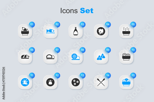 Set Food chopsticks, Sushi, Served fish on a plate, Kung Pao chicken, Chow mein, Asian noodles bowl, Rice with and Xiao long bao icon. Vector