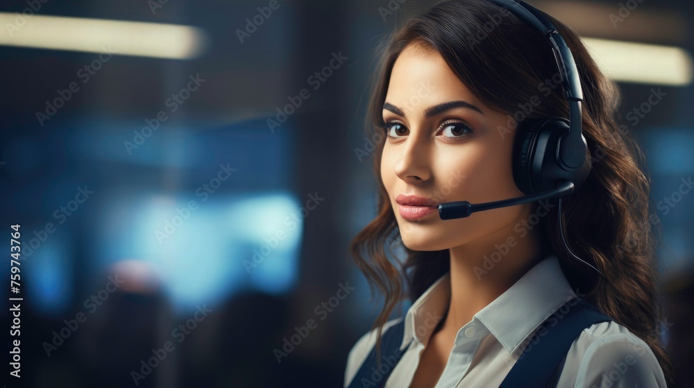 Smile face beautiful customer care women with headset against a telecommunication office background, woman agent consultant with customer. telemarketing, communication. Smile face beautiful customer care women with headset against a telecommunication office background, woman agent consultant with customer. telemarketing, communication.