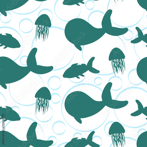 Nautical abstract seamless pattern with whale, doodle hand drawn sea animal, simple vector clothing print, nursery fabric print or wallpaper template.