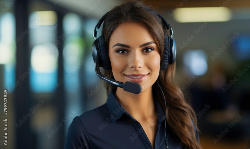 Smile face beautiful customer care women with headset against a telecommunication office background, woman agent consultant with customer. telemarketing, communication. Smile face beautiful customer care women with headset against a telecommunication office background, woman agent consultant with customer. telemarketing, communication.
