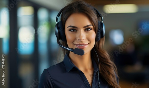 Smile face beautiful customer care women with headset against a telecommunication office background, woman agent consultant with customer. telemarketing, communication.