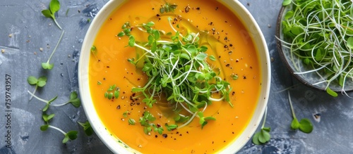 Vegetarian curry soup with sprouts as a side dish