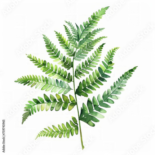Watercolor illustration of a green fern leaf with a detailed texture on a white background, suitable for environmental themes and design space for text