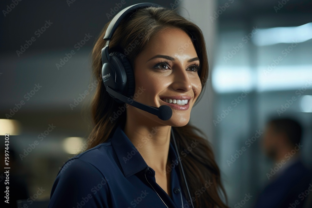 Smile face beautiful customer care women with headset against a telecommunication office background, woman agent consultant with customer. telemarketing, communication. Smile face beautiful customer care women with headset against a telecommunication office background, woman agent consultant with customer. telemarketing, communication.
