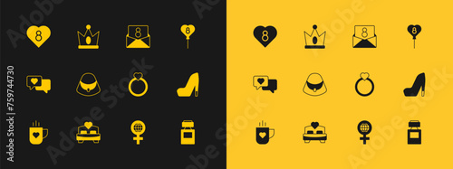 Set Balloons with 8 March, Bedroom, Diamond engagement ring, International Women Day, Handbag, Envelope, Heart and King crown icon. Vector