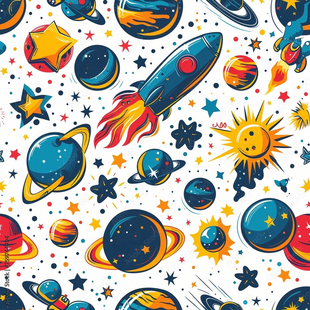 Galactic Astronaut rocket adventures. cute cartoon Seamless Patterns, generative ai  art