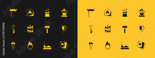 Set Attraction carousel, Circus fire hoop, Lollipop, Bumper, Carnival garland with flags, Magician hat, Paper mustache stick and tent icon. Vector