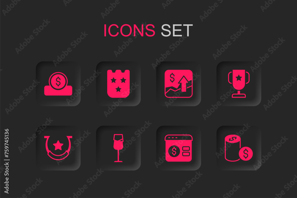 Set Wine glass, Lottery ticket, Coin money with dollar, Online poker table game, Casino trophy cup, chip, Financial growth increase and Horseshoe icon. Vector Set Wine glass, Lottery ticket, Coin money with dollar, Online poker table game, Casino trophy cup, chip, Financial growth increase and Horseshoe icon. Vector