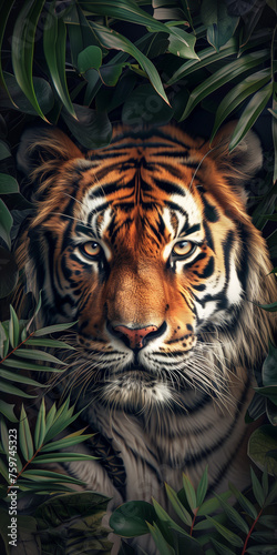 A close-up portrait of a majestic tiger with orange and black stripes