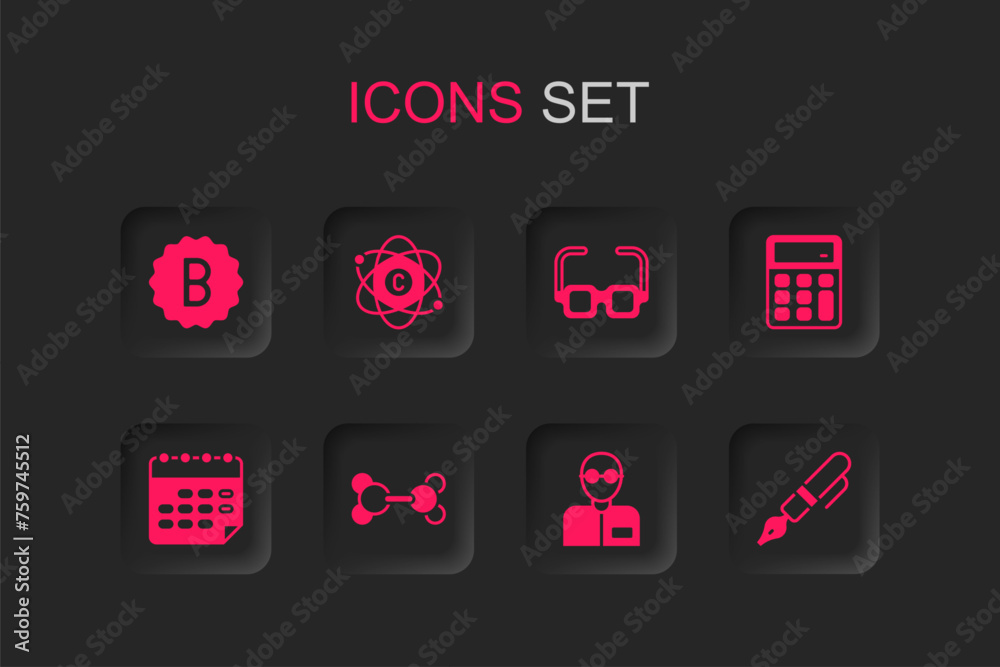 Set Molecule, Atom, Exam paper with incorrect answers, Teacher, Calculator, Fountain pen nib, Glasses and School timetable icon. Vector Set Molecule, Atom, Exam paper with incorrect answers, Teacher, Calculator, Fountain pen nib, Glasses and School timetable icon. Vector