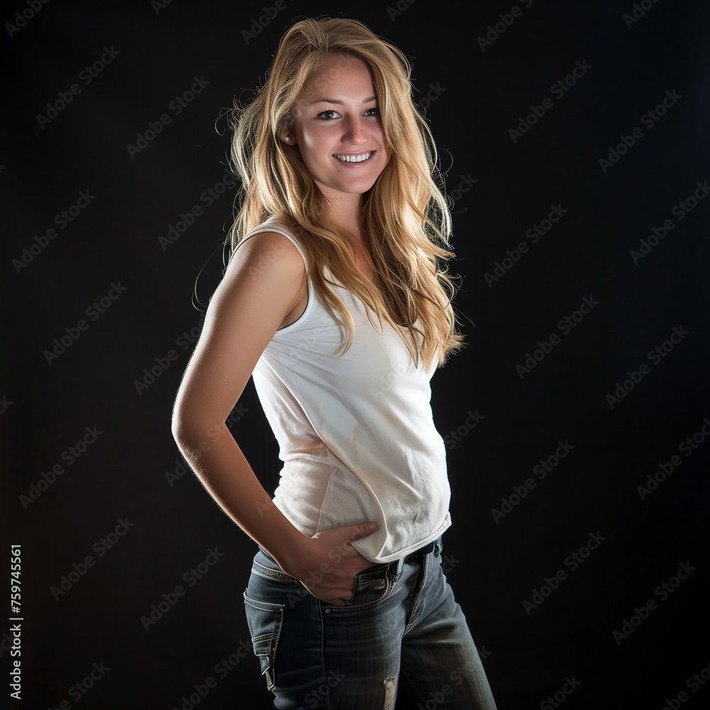 Happy and confident young american lady posing for a portrait againsta a black background Happy and confident young american lady posing for a portrait againsta a black background