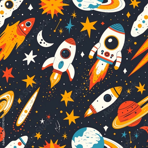 Galactic Astronaut rocket adventures. cute cartoon Seamless Patterns, generative ai art