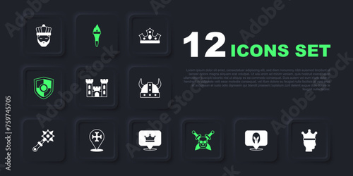 Set Medieval helmet, King crown, Castle, Skull with sword, Shield, Crusade, Torch flame and icon. Vector