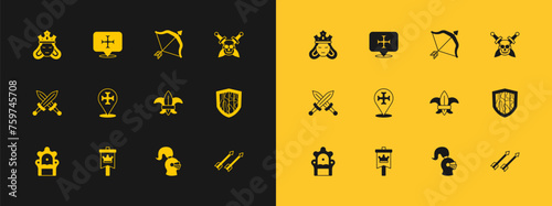 Set Skull with sword, Medieval flag, Fleur de lys lily flower, helmet, Crusade, bow and arrow, Princess queen and icon. Vector