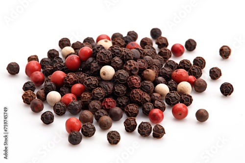 Black, white and red pepper, peppercorns on an isolated white background, used for gourmet cooking.