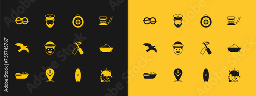 Set Marine bollard with rope, Location anchor, Crossed oars paddles boat, Surfboard, Sailor, Compass, Nautical knots and Captain of ship icon. Vector