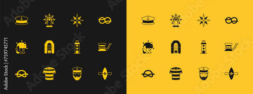 Set Nautical rope knots, Striped sailor t-shirt, Lighthouse, Captain of ship, Inflatable boat with motor, Wind rose, hat and Ship steering wheel icon. Vector