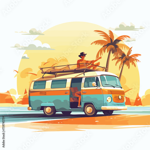 Man on vacation driving camper along sunny summer o