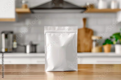 Mockup of white doypack with coffee, tea or spices on the kitchen table with a blurred kitchen background
