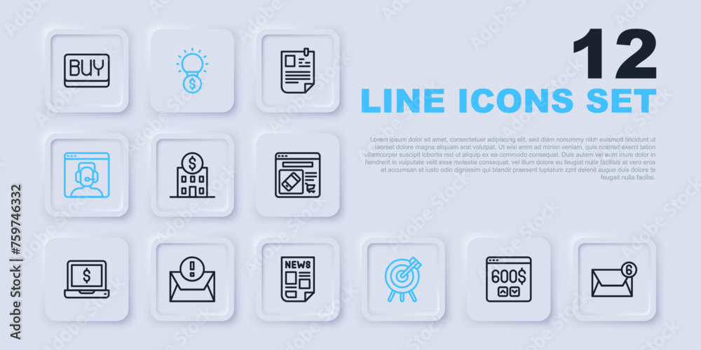 Set line Monitor with dollar, Mail and e-mail, Bank building, Target financial goal, Telephone 24 hours support, Envelope, Light bulb and News icon. Vector
